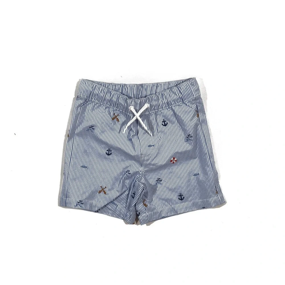 J.Crew Boys Swim Trunks Blue White Striped Nautical Anchor Oars 4 5 EXCELLENT